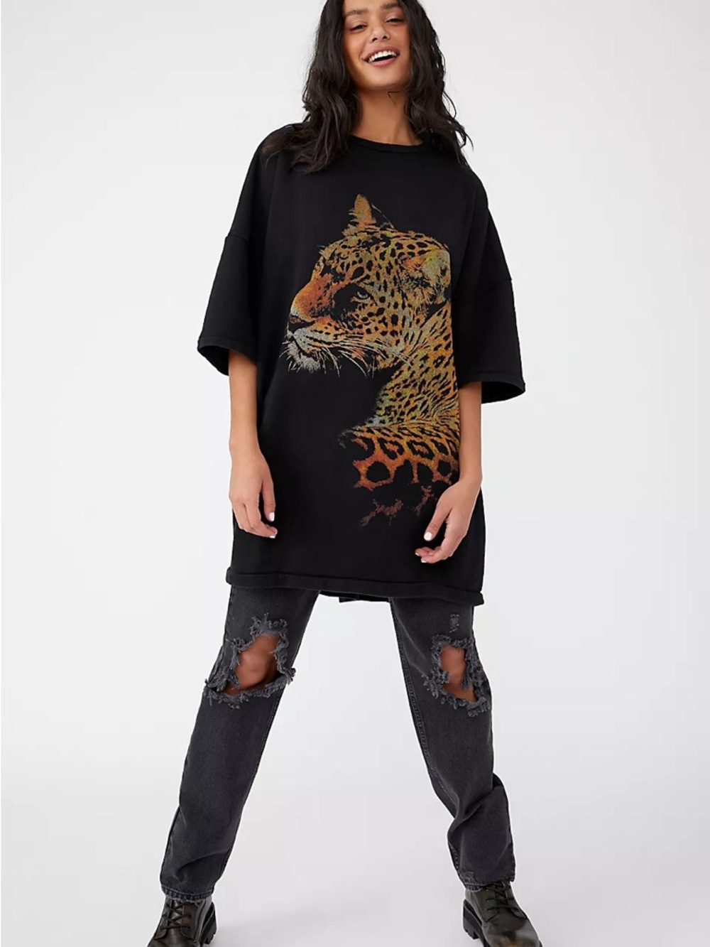 NWT Free People Oversized Jaguar Tunic Sweatshirt Cat Tiger Jungle Black S Small
